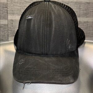 NWOT Black Distressed Trucker Hat for Messy Buns/Ponytails
